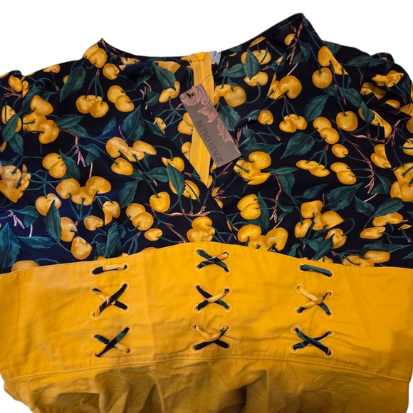 Retro Stage Cherry Print Whimsical Peasant Yellow/blue Boho Dress Size Large NWT - Picture 3 of 6